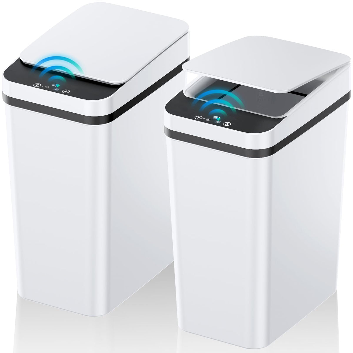 KOEYLE 2-pack 2.2-gallon automatic trash can front view for compact bathroom spaces.