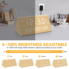 Kogonee bamboo alarm clock brightness control for glare-free night viewing.