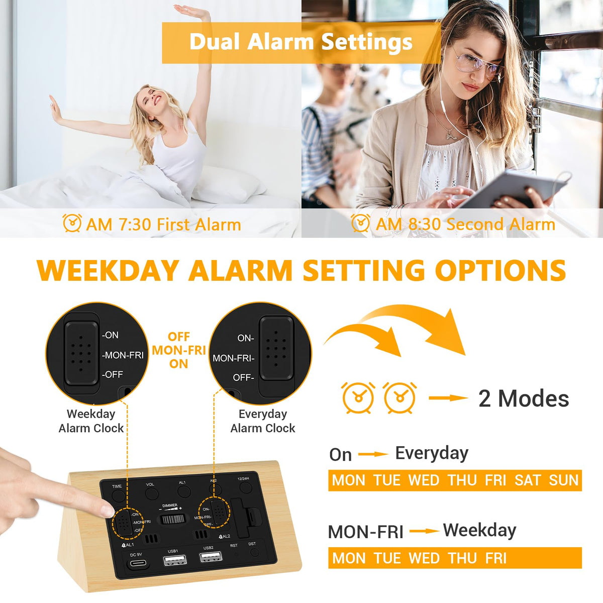 Kogonee bamboo alarm clock with DST toggle and time zone adjustment.