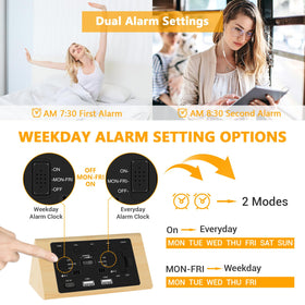 Kogonee bamboo alarm clock with DST toggle and time zone adjustment.