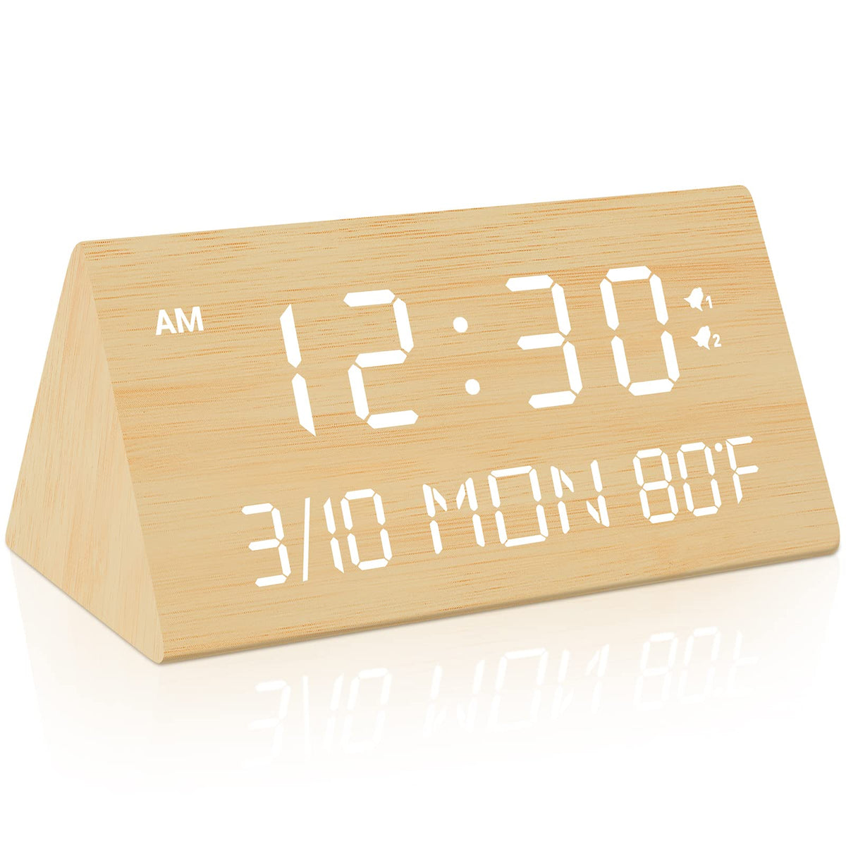 Kogonee bamboo alarm clock front view with clear display for easy time reading.