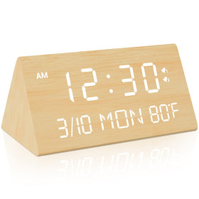 Kogonee bamboo alarm clock front view with clear display for easy time reading.