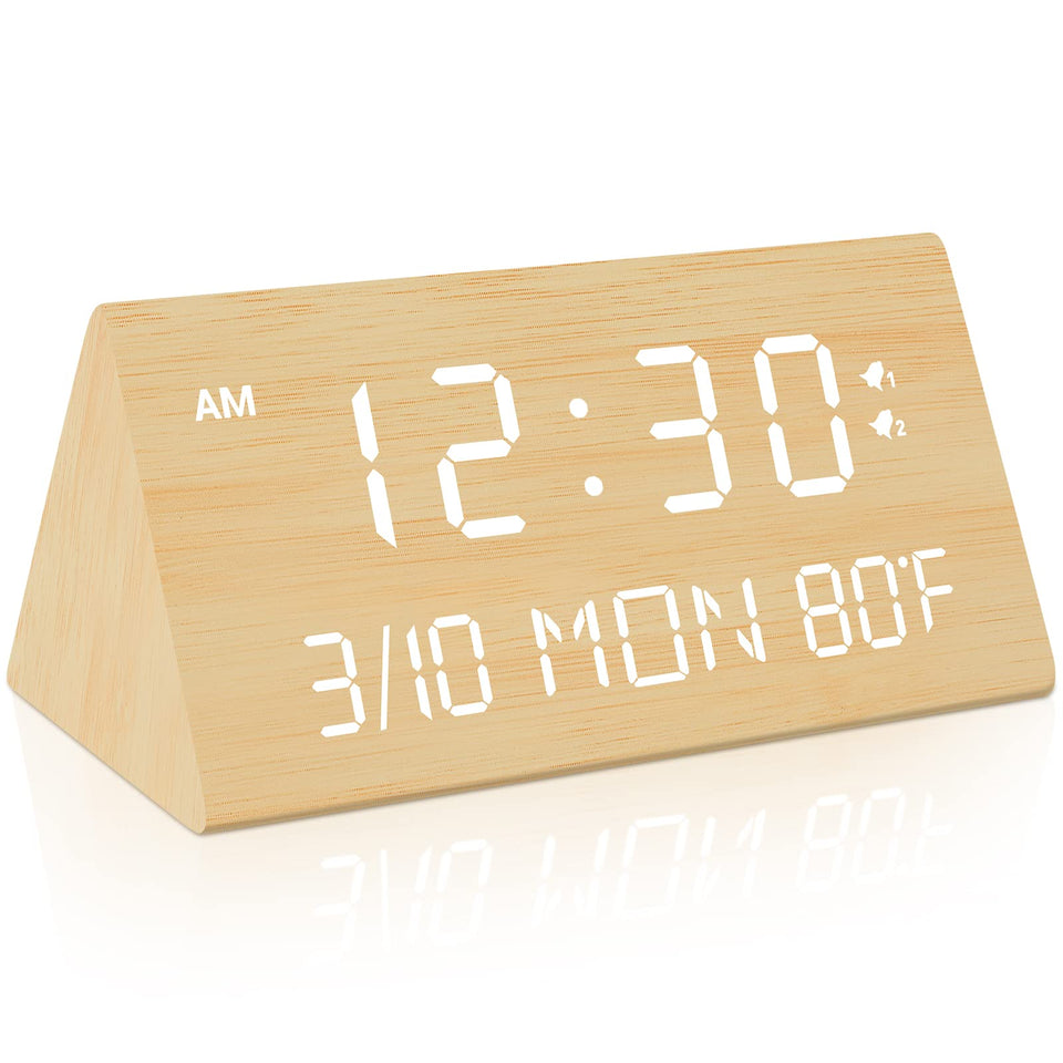 Kogonee bamboo alarm clock front view with clear display for easy time reading.