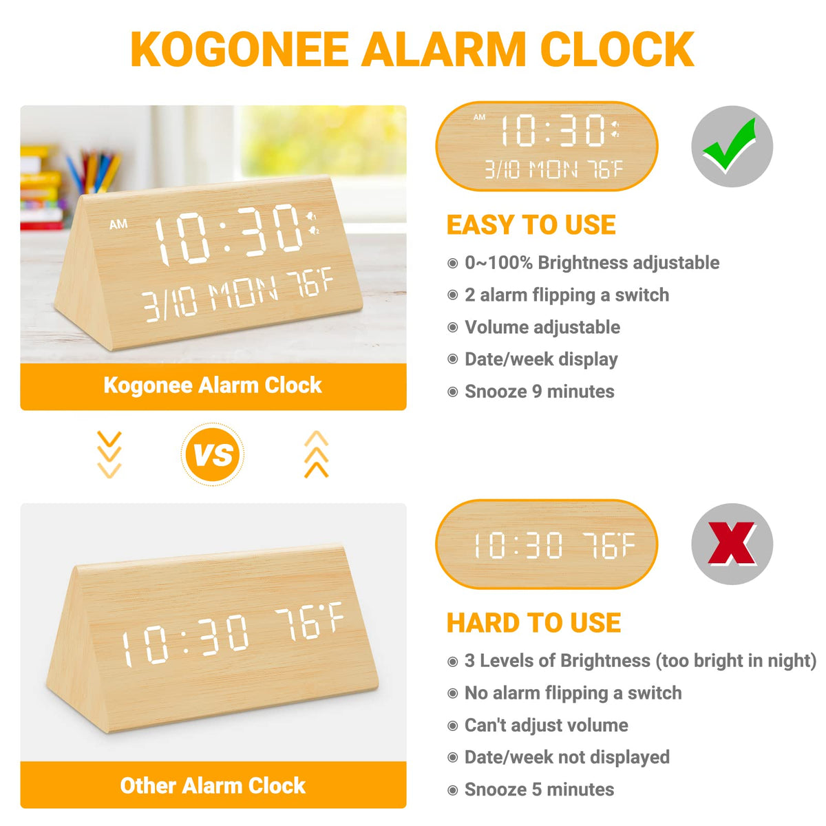 Kogonee alarm clock uses memory battery to preserve settings during power cuts.