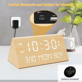 Kogonee wooden alarm clock side view showing compact desk footprint.