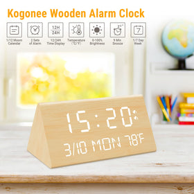 Kogonee wooden alarm clock showcases stylish wood grain design in any room.