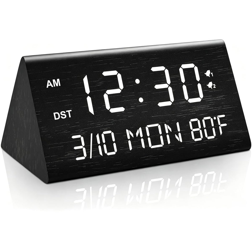 Kogonee wooden alarm clock front view highlights elegant grain for a calm bedside setup.