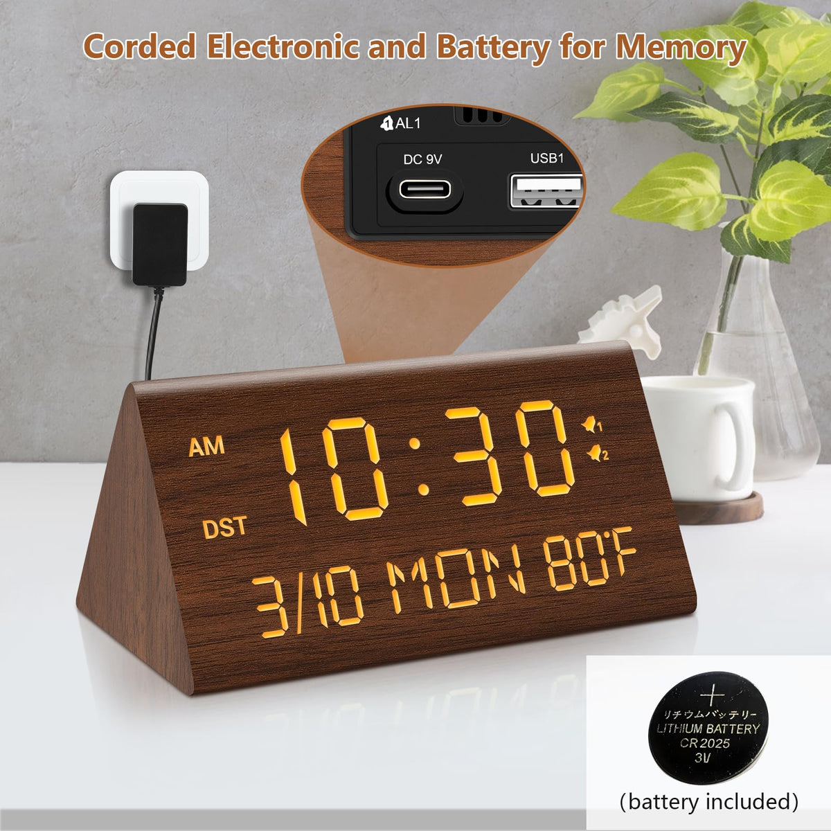 Kogonee wooden alarm clock brightness control showing 0–100 percent steps