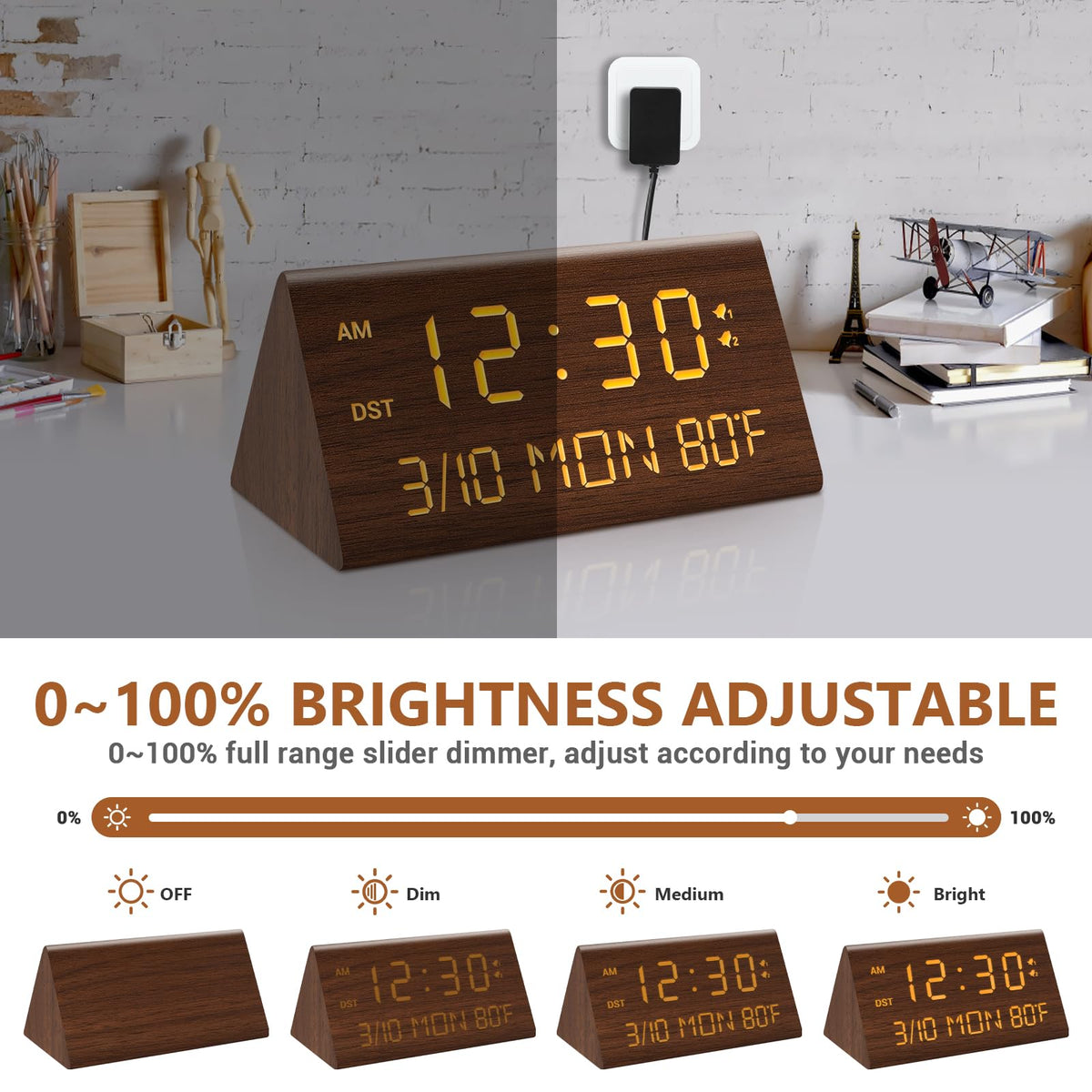 Kogonee wooden alarm clock DST button for quick time shift