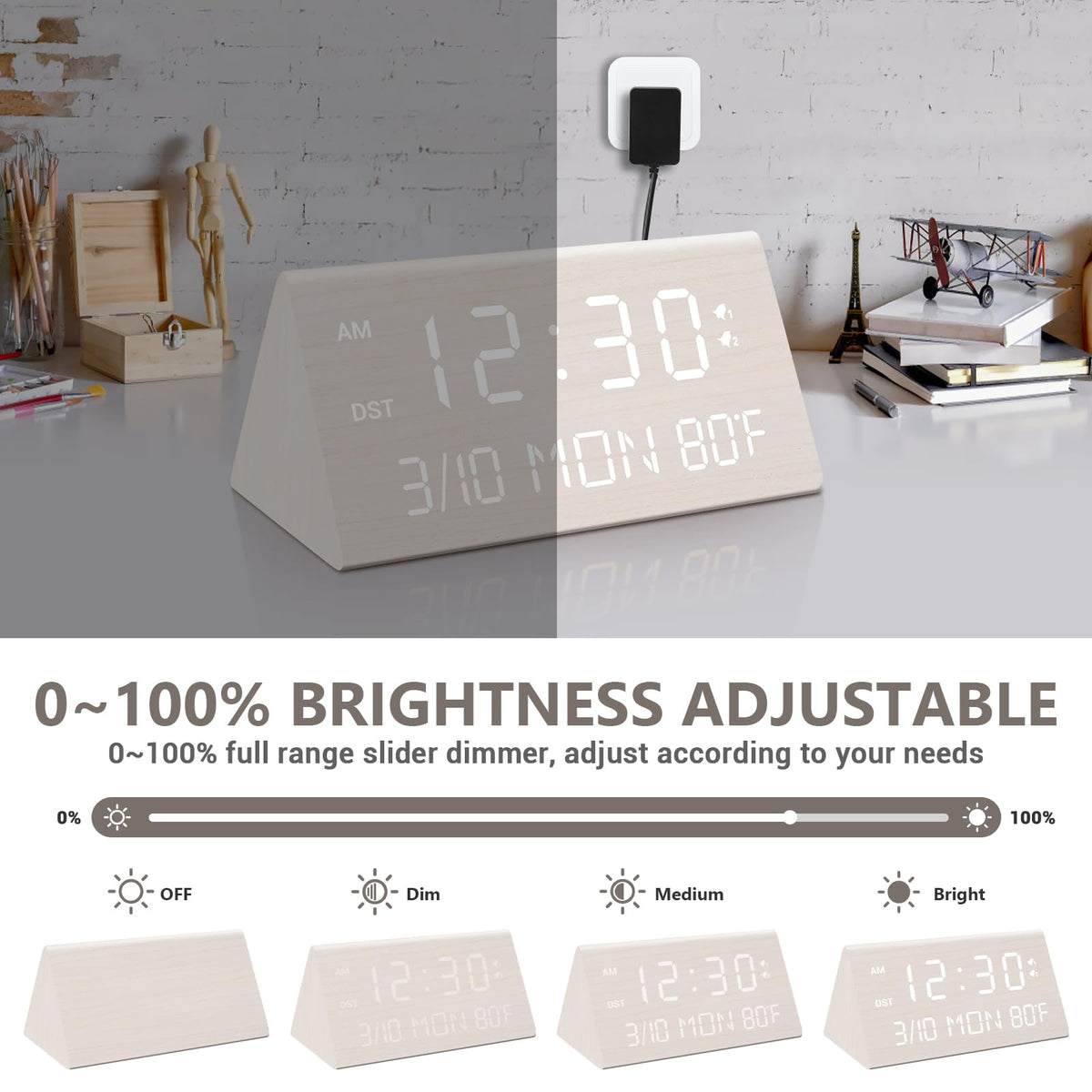 Kogonee DST feature on the wooden alarm clock for easy time shifts