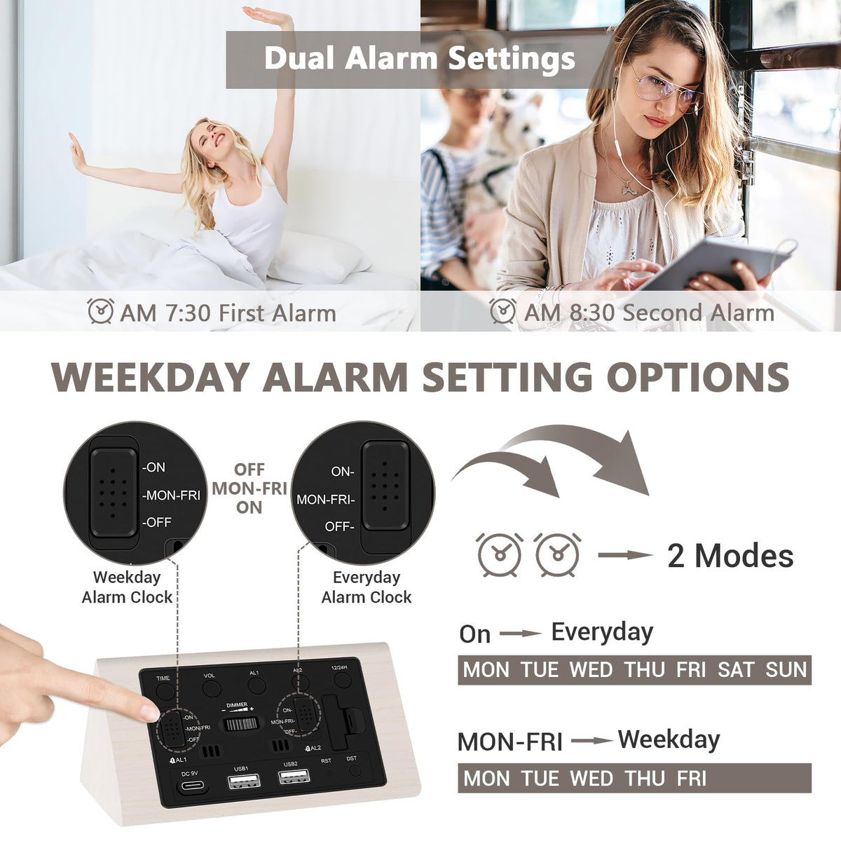 Kogonee wooden alarm clock dual alarms with flexible wake modes