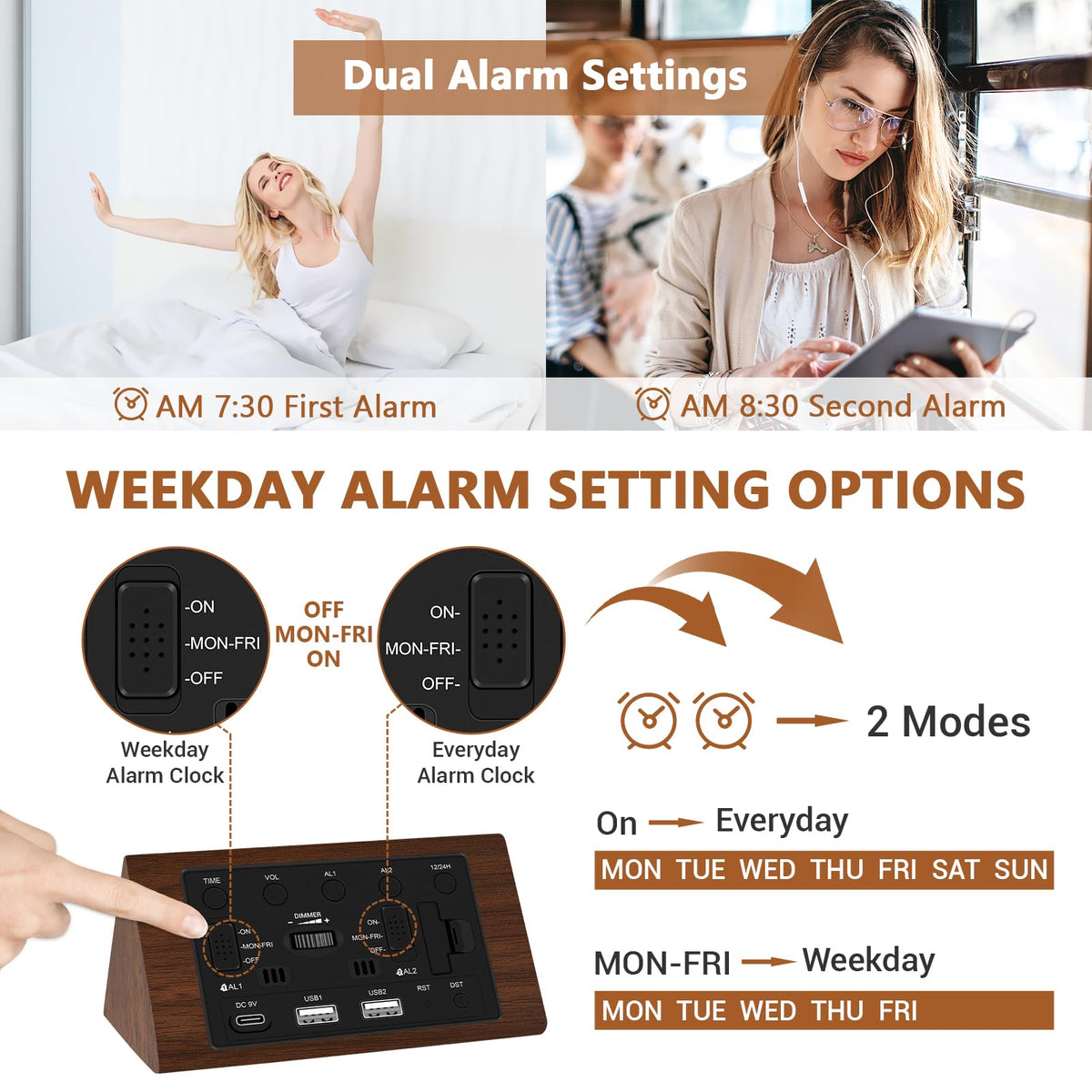 Kogonee wooden alarm clock with dual alarms and modes