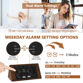 Kogonee wooden alarm clock with dual alarms and modes