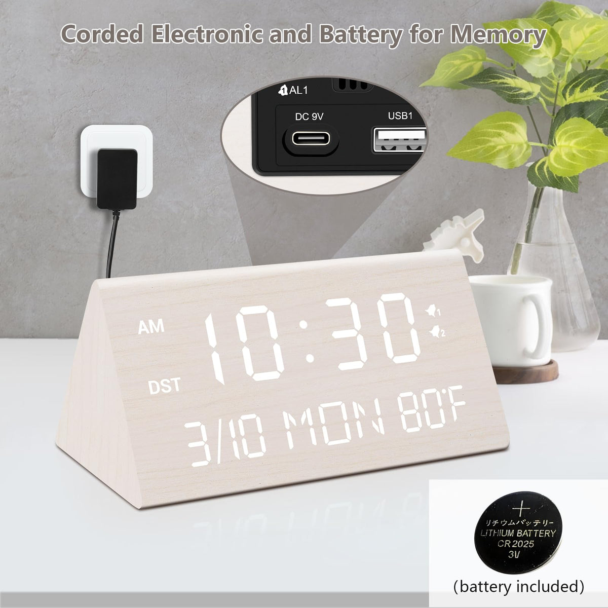 Kogonee dual USB ports on the wooden alarm clock for convenient charging