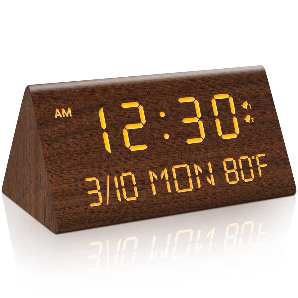 Kogonee wooden digital alarm clock front view for easy night visibility
