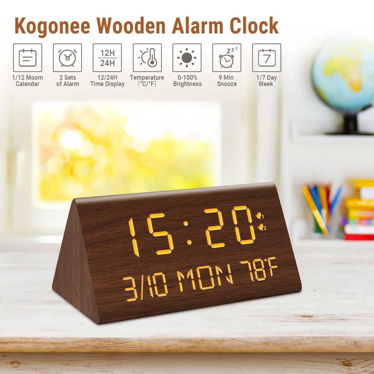 Kogonee alarm clock with dual USB ports for device charging