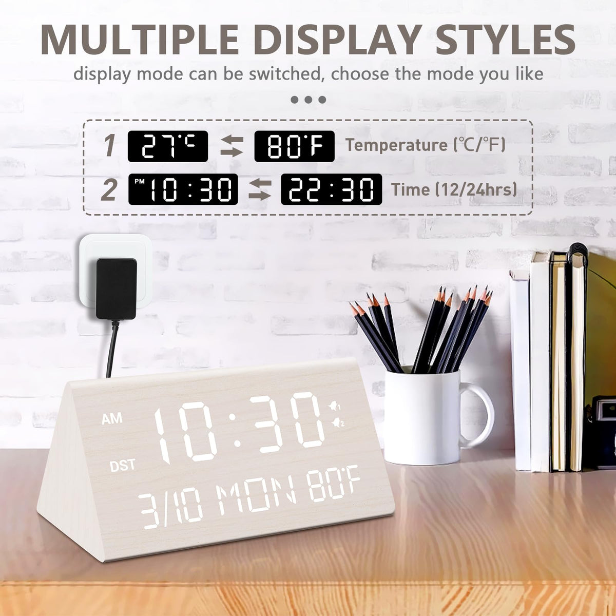 Kogonee wooden alarm clock with elegant wood grain design