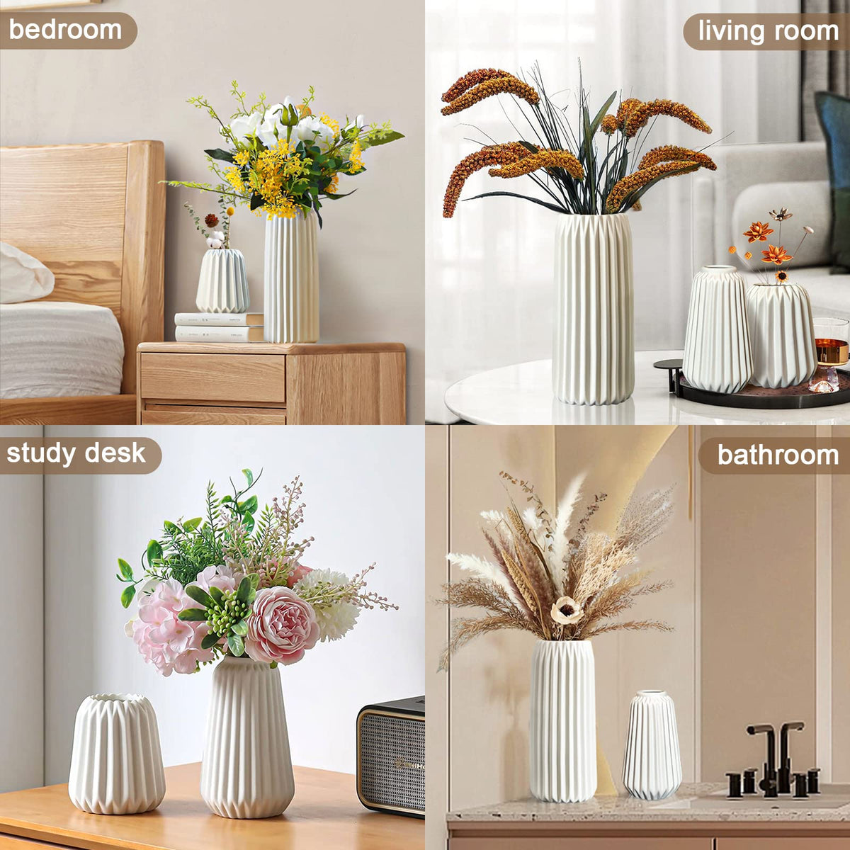 Kogxscej white vases suited for wet and dry arrangements at home.