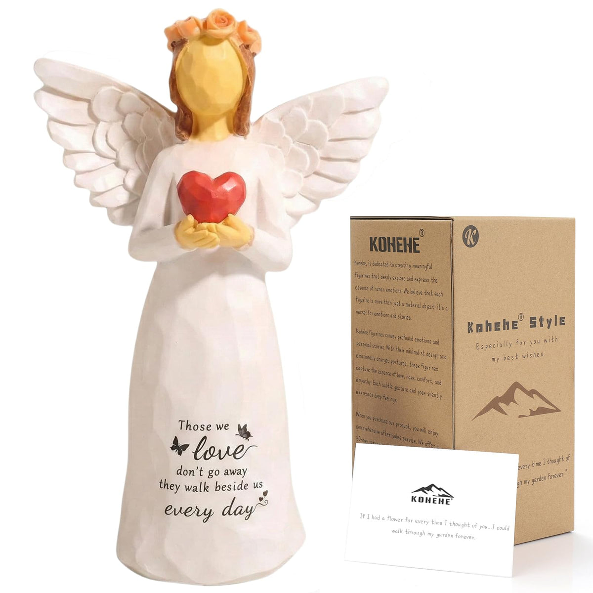 Kohehe heart-angel-figurine resting with a red heart for comfort and remembrance.