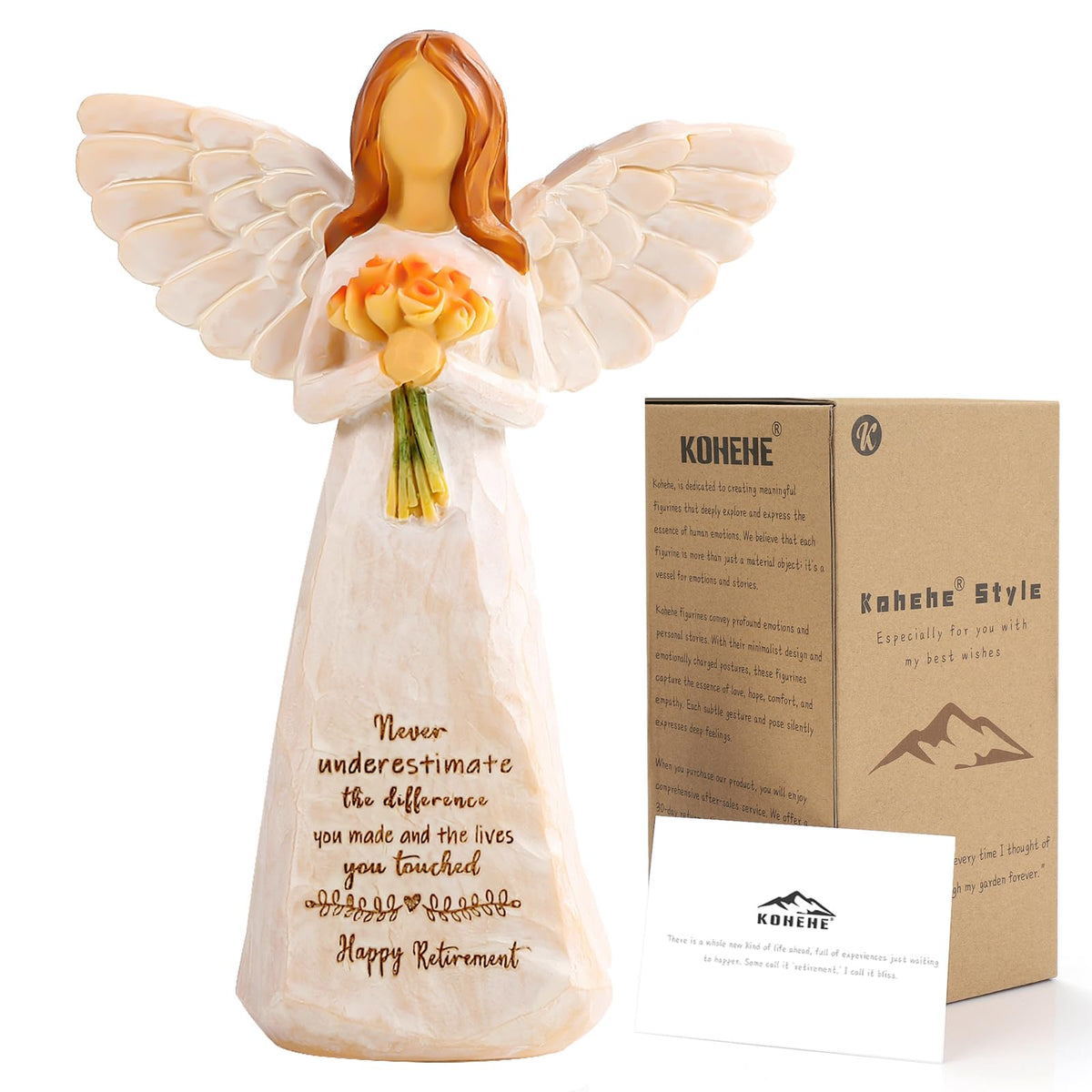 Kohehe 5.5-inch angel figurine in gift box, ready for gifting at retirement celebrations.
