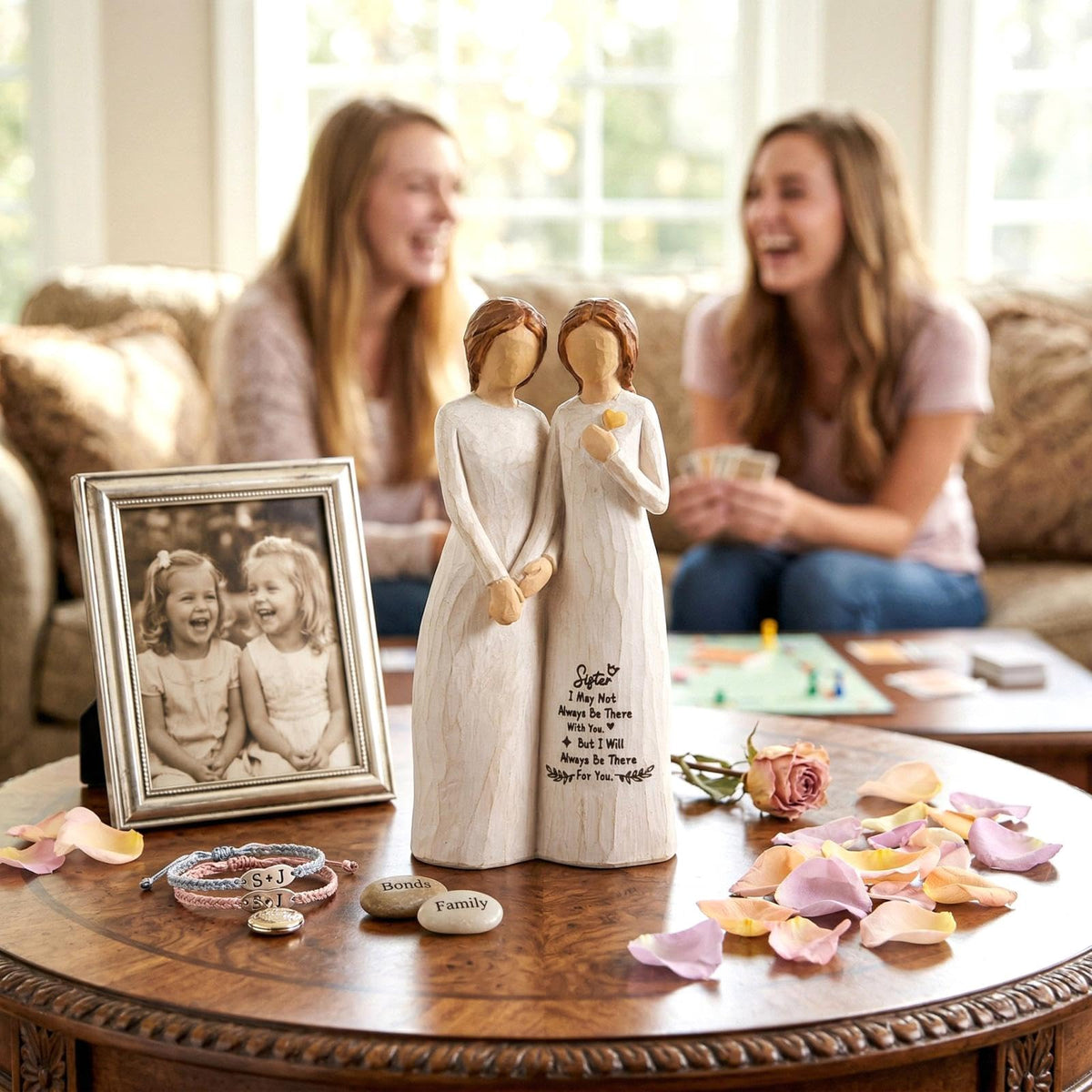 Kohehe sisters figurine holding card, perfect for birthdays or holidays