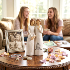 Kohehe sisters figurine holding card, perfect for birthdays or holidays