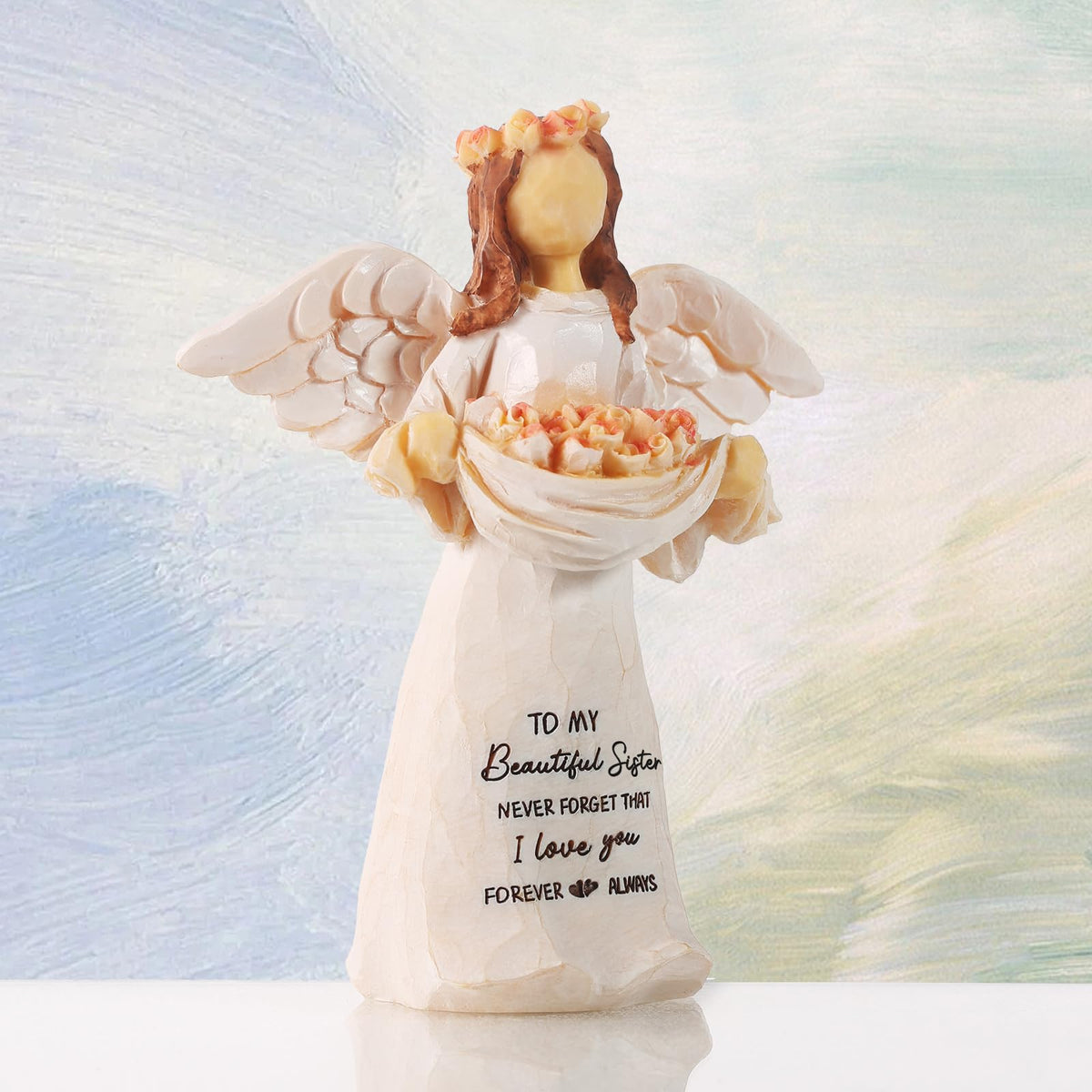 Kohehe hand-painted resin angel figurine with bouquet for display
