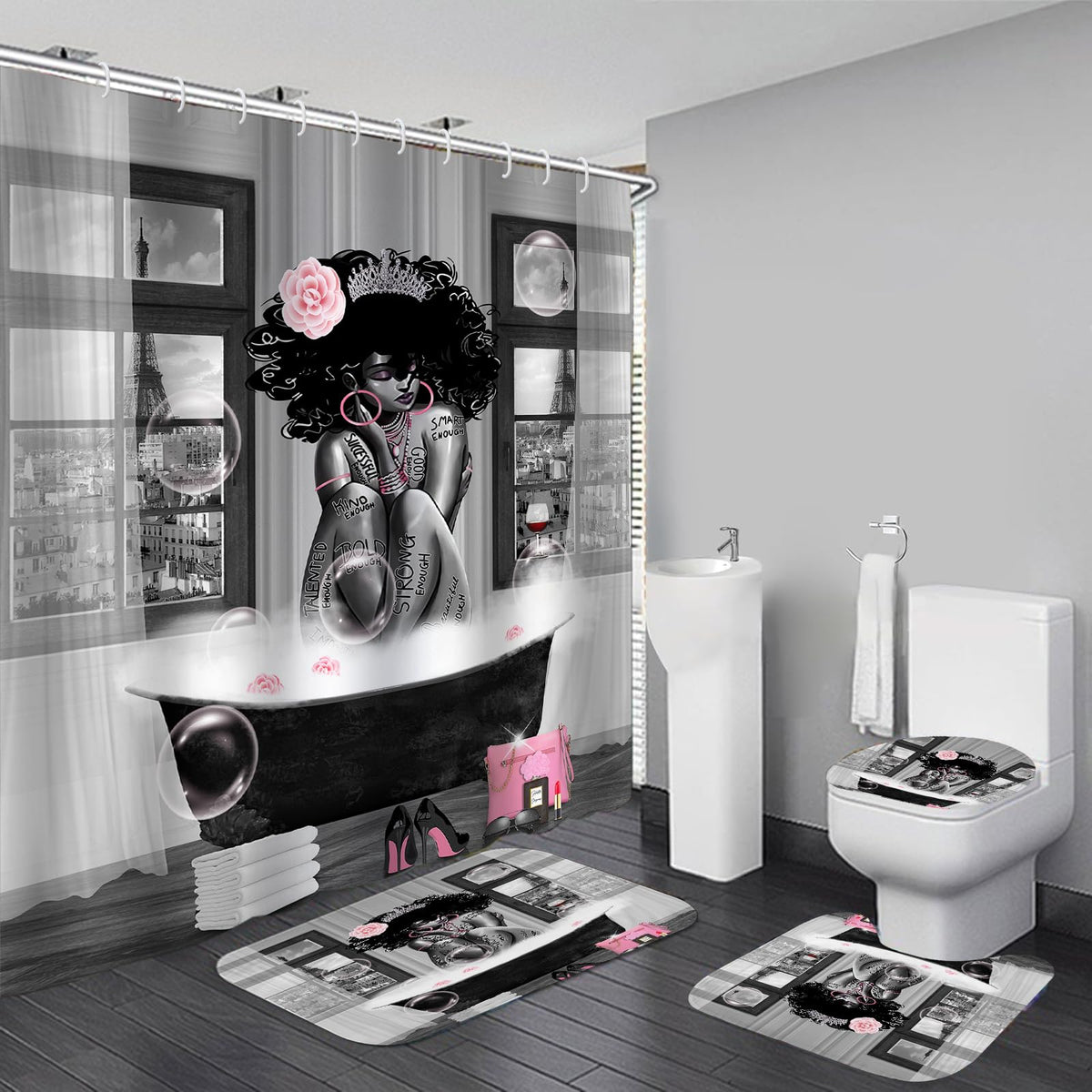 KOKGYM African American shower curtain with bubbles and Eiffel Tower art adds visual interest and style.