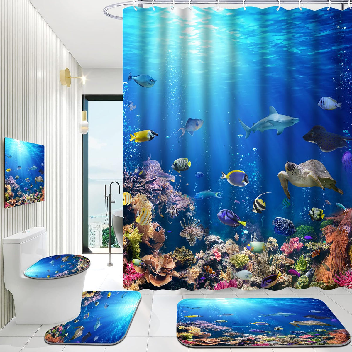 KOKGYM Complete Set Display — cohesive ocean-themed bathroom makeover.