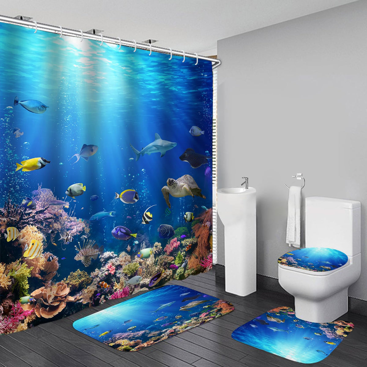 KOKGYM Sunlight Sea Fish shower curtain — vibrant undersea decor for bathrooms.