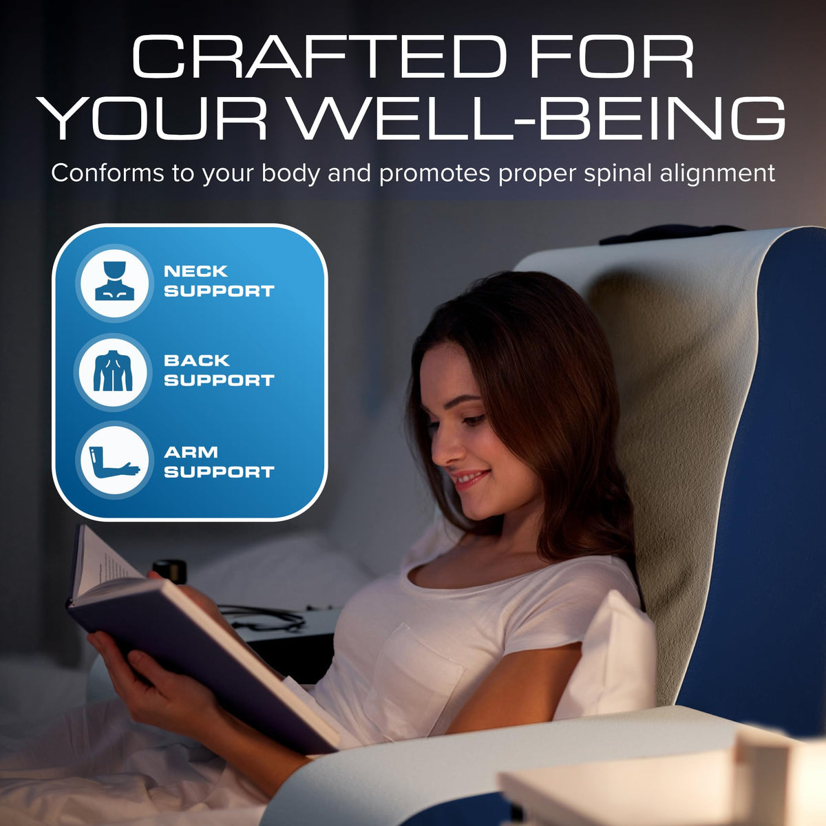 Kolbs bed reading pillow with arm rests provides comfortable upright seating