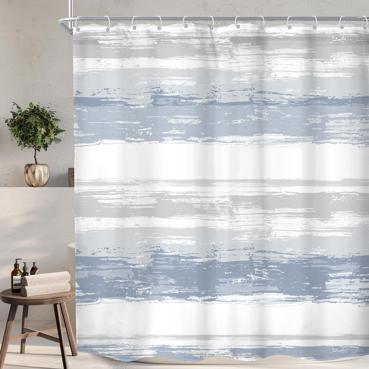 KOMLLEX abstract blue shower curtain pattern for a modern bathroom.