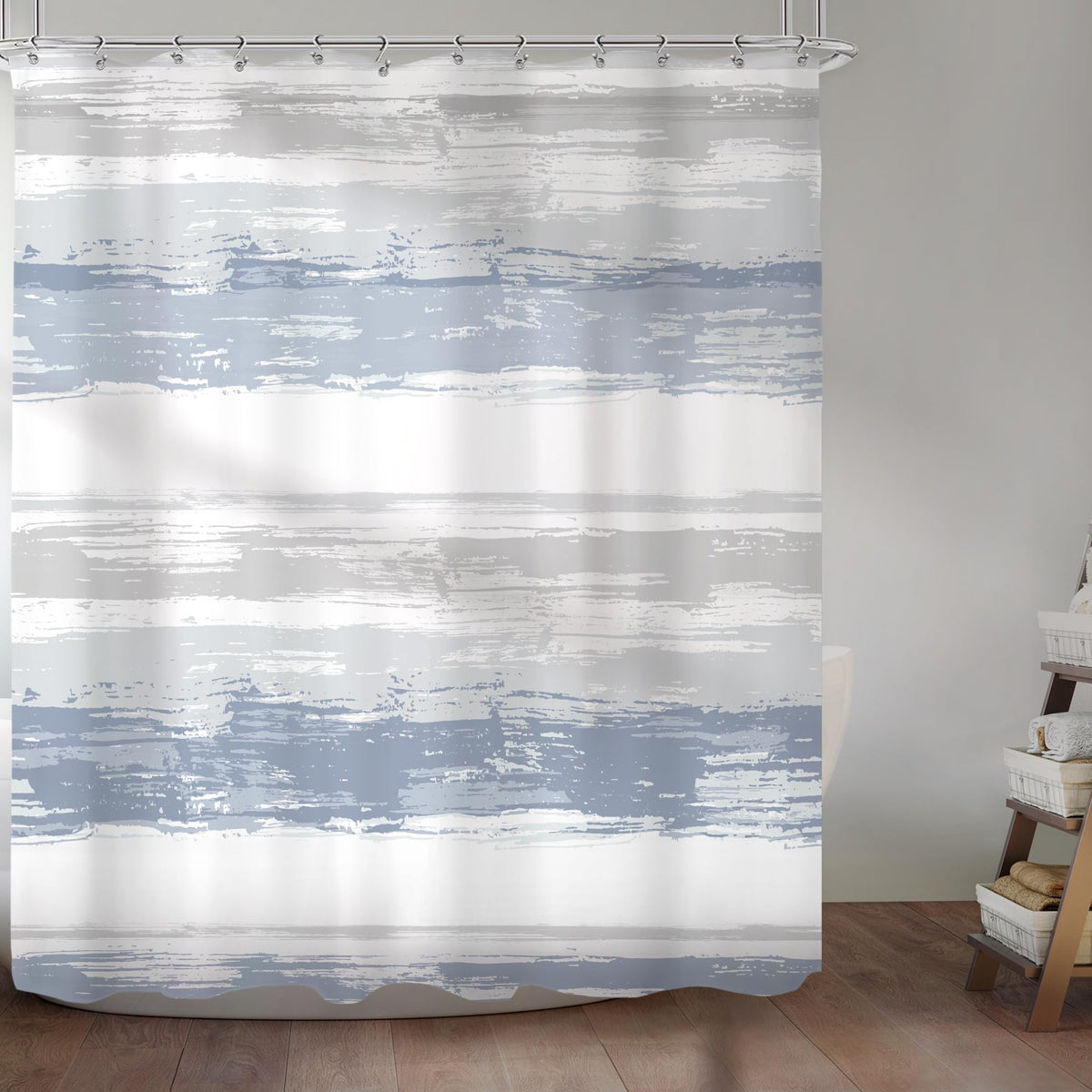 KOMLLEX modern grey striped shower curtain complements neutral decor.