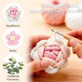Komothala crochet pink daisies bouquet shows soft texture and lasting color.