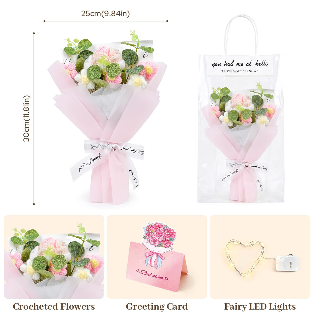 Komothala ready-to-gift crochet bouquet with fairy lights and card.