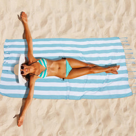 Kongdaoth blue beach towel on sand highlights versatile use.