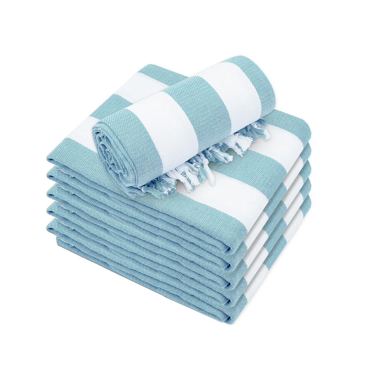Kongdaoth Turkish beach towel six-pack in blue for family trips with quick-drying comfort.