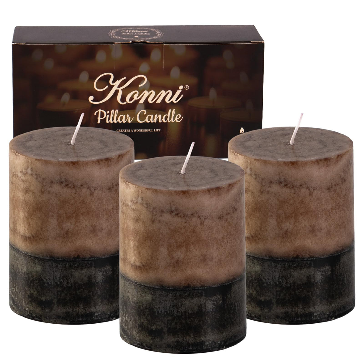 KONNI coffee layered pillar candles set of 3 on table, ideal centerpiece decor.
