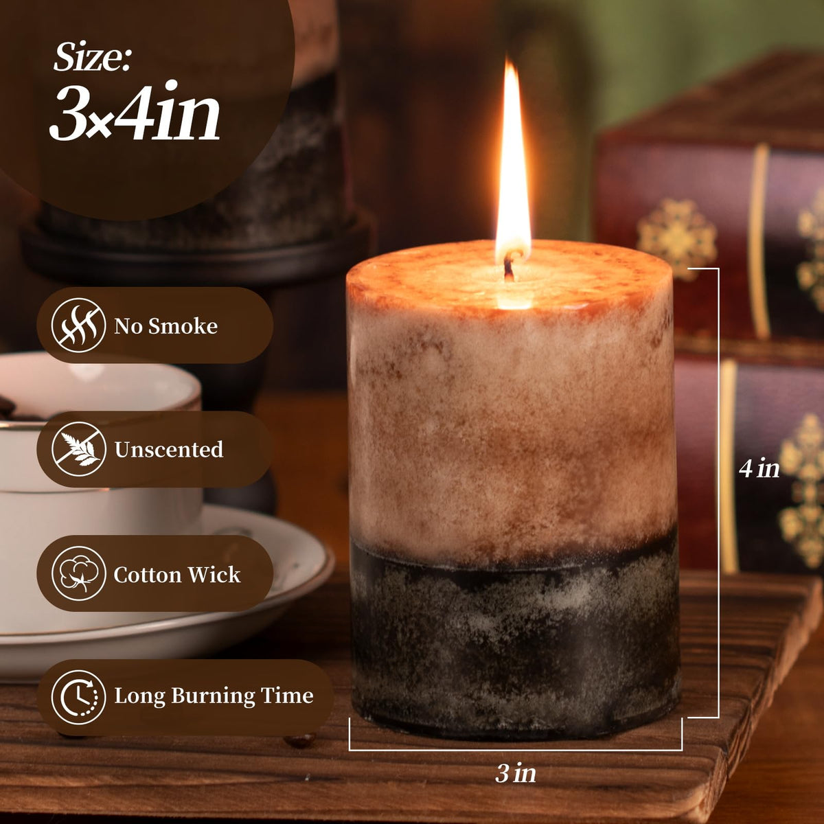 KONNI unscented pillar candles 3x4 inch, clean burn for elegant ambience.