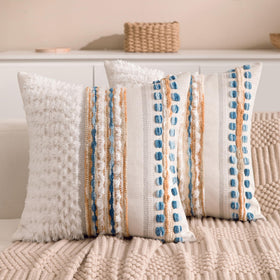 KOOLIFE Boho chenille tufted pillow cover in caramel brown and blue stripes for living room decor.