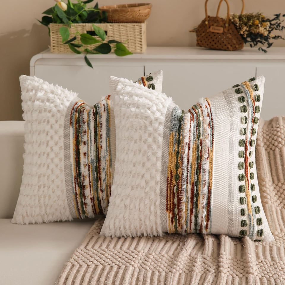 KOOLIFE boho chenille tufted pillow cover 18x18 set of 2 on a neutral sofa