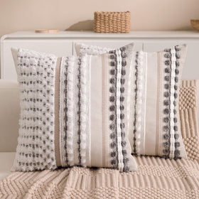 KOOLIFE boho chenille tufted pillow cover with stripe detail for cozy living room decor