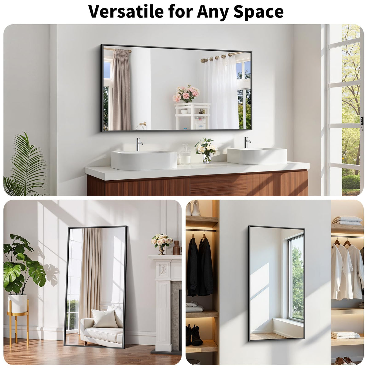 Koonmi Black Framed Mirror frame detail demonstrates rustproof aluminum longevity.