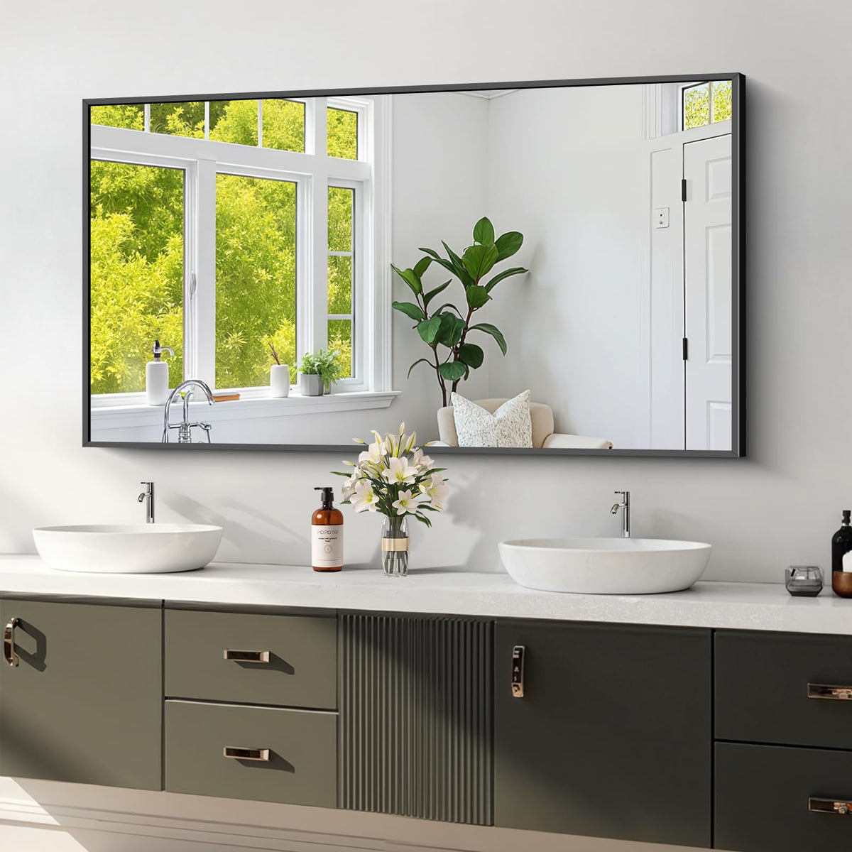 Koonmi Black Framed Mirror front view shows crystal-clear reflections ideal for precise grooming.