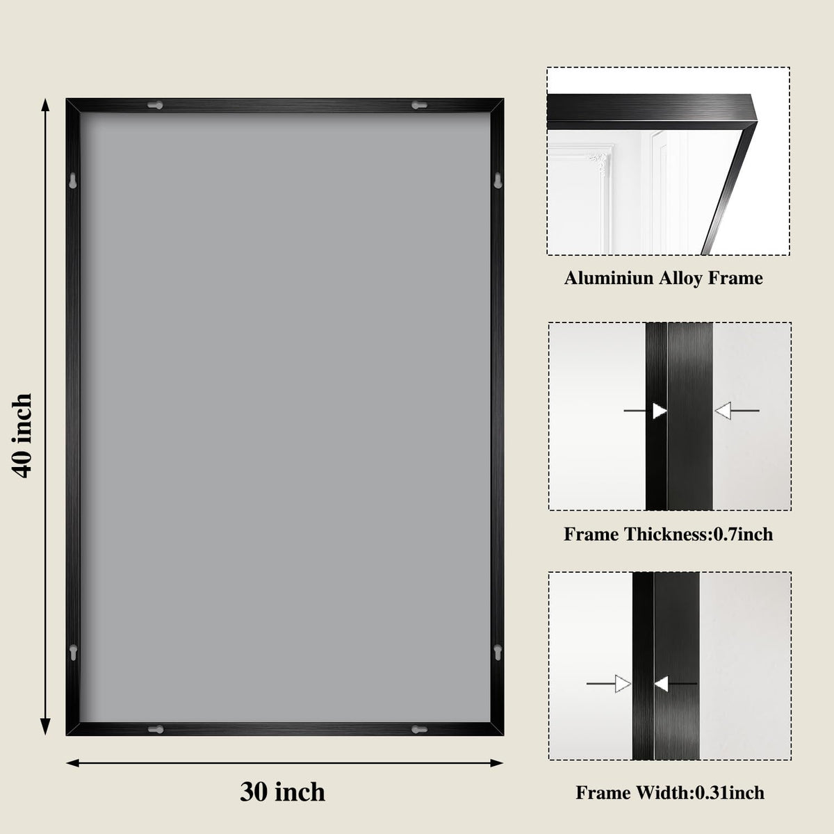 Koonmi Black Mirrors close-up aluminum frame highlights durable rust resistance.