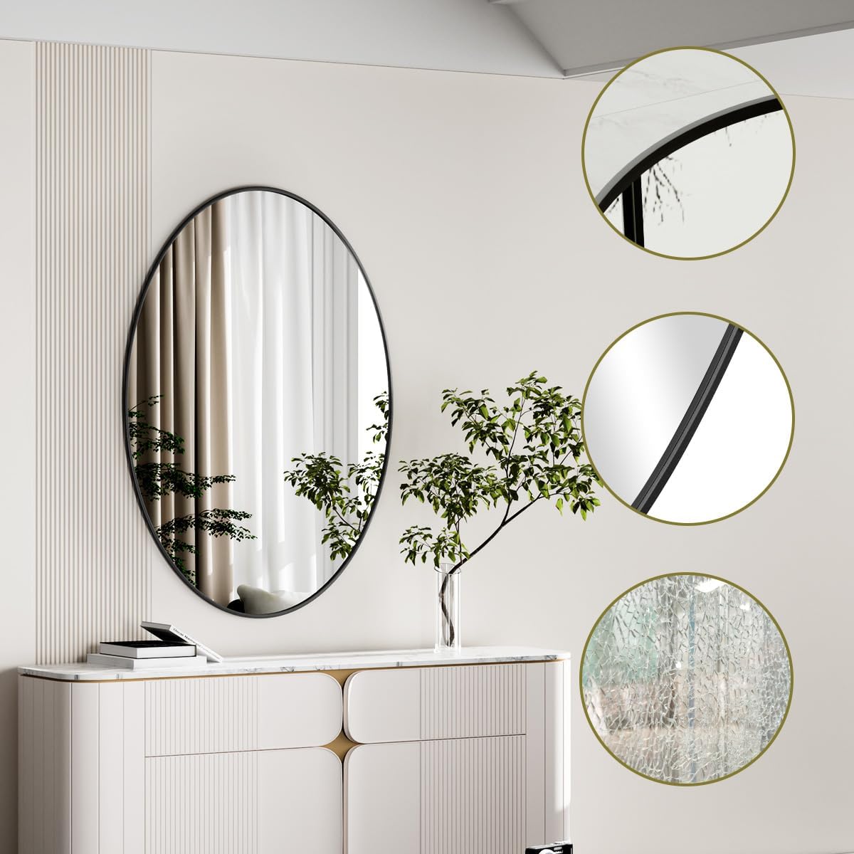 Koonmi mirror frame closeup shows rust-resistant black aluminum finish
