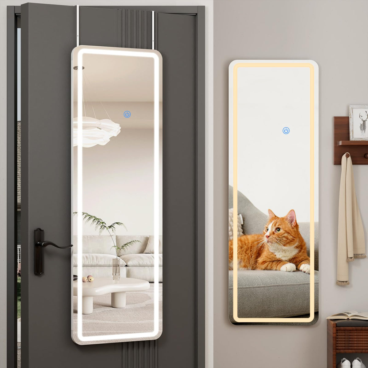 Koonmi full-length door-hanging mirror with LED lights for precise outfit checks