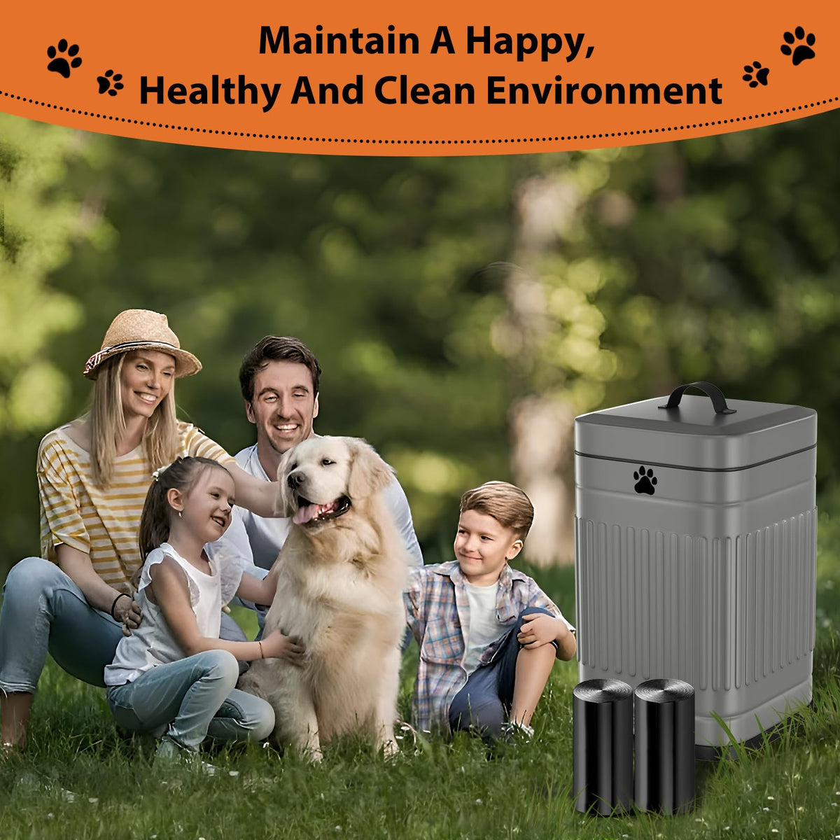 Kopuncare grey outdoor dog poop bin blends with garden spaces.