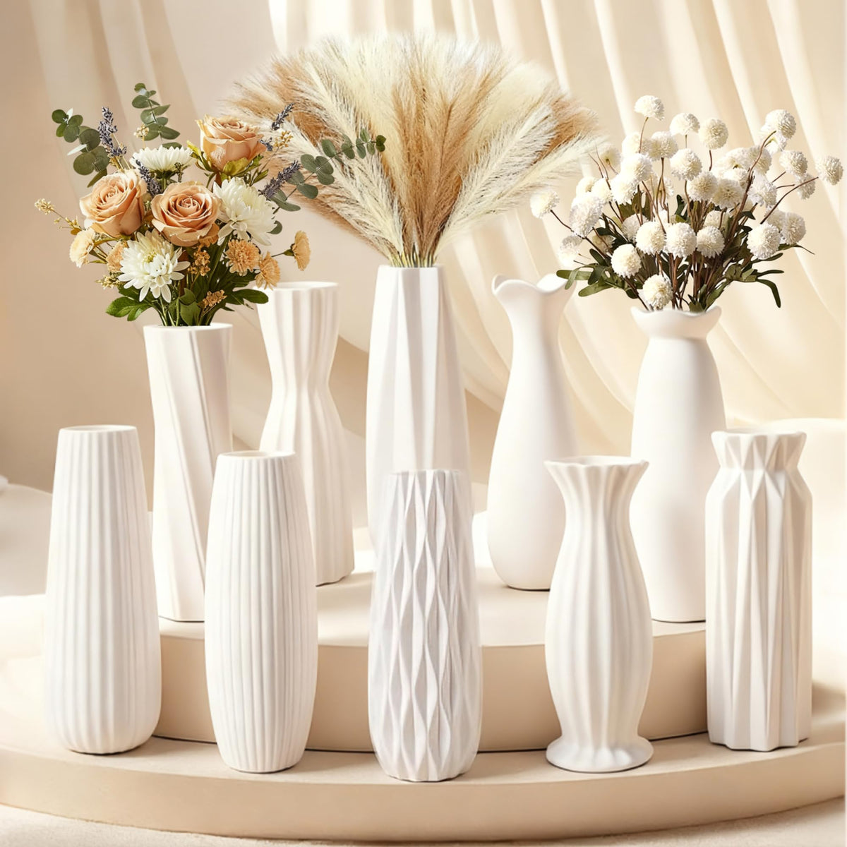 KOPWVA 10-piece 8-inch white ceramic vases set highlights cohesive decor displays.