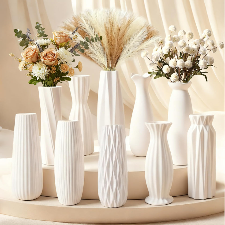 KOPWVA 10-piece 8-inch white ceramic vases set highlights cohesive decor displays.